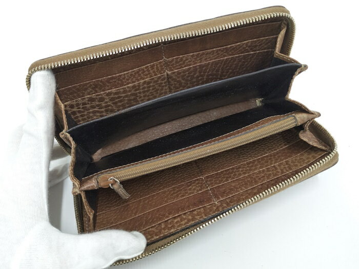 【中古】GUCCI ラウンドファスナー長財布 グッチシマ バンブー レザー ブラウン 224253