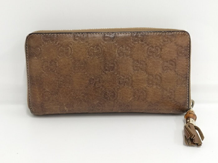【中古】GUCCI ラウンドファスナー長財布 グッチシマ バンブー レザー ブラウン 224253
