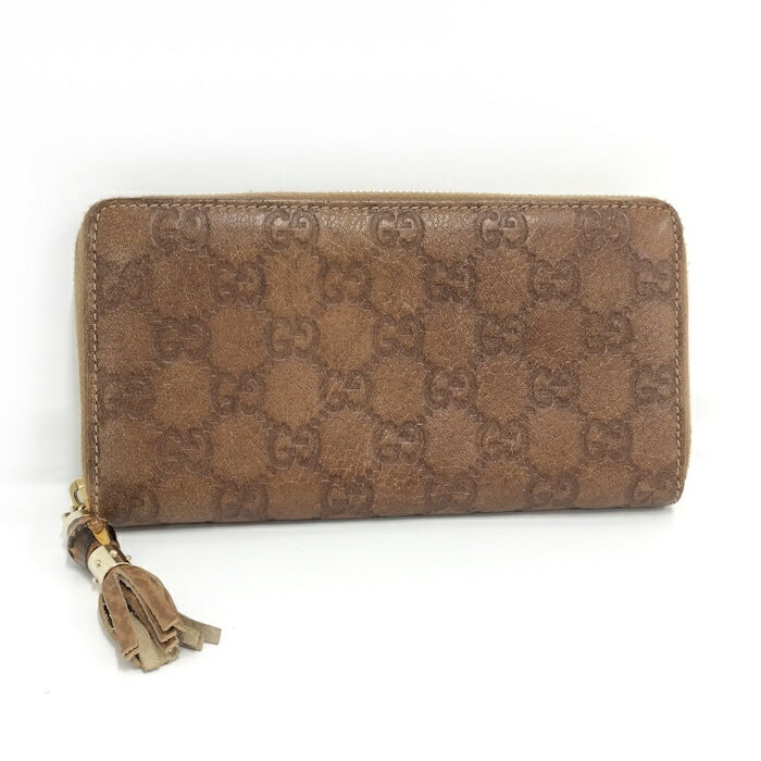 【中古】GUCCI ラウンドファスナー長財布 グッチシマ レザー ブラウン 224253