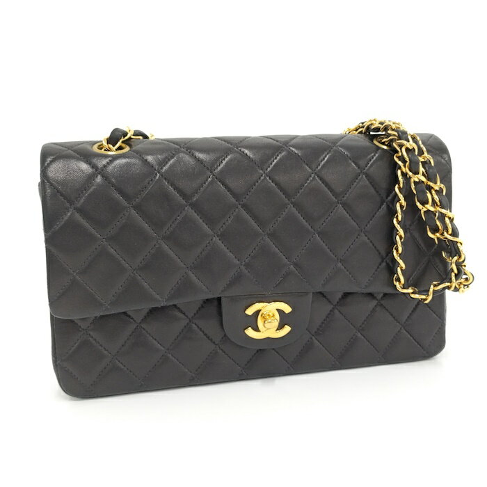 【中古】CHANEL チェーンショルダーバッグ マトラッセ25 レザー ブラック