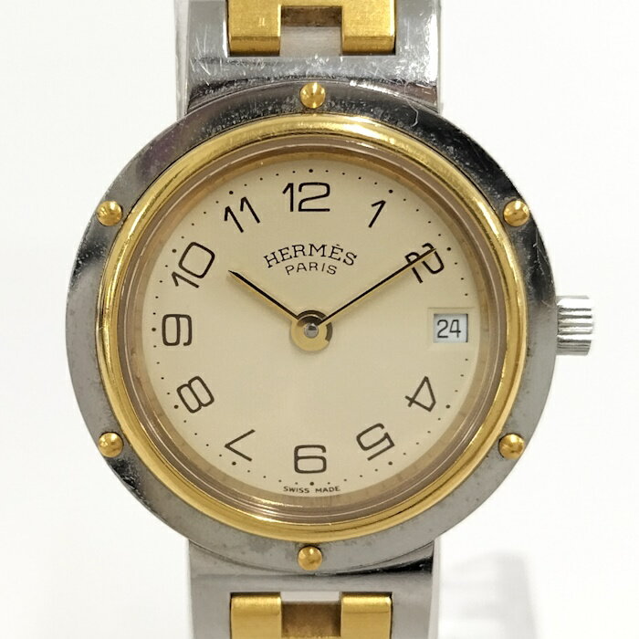 【中古】HERMES クリッパー レディース 腕時計 クオーツ SS GP アイボリー文字盤