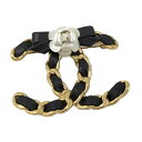 【中古】CHANEL ココマーク カメリア ブローチ ブラック ゴールド メタル レザー A20A