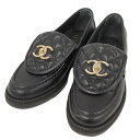 【中古】CHANEL ローファー CCターンロック レザー ブラック G36646