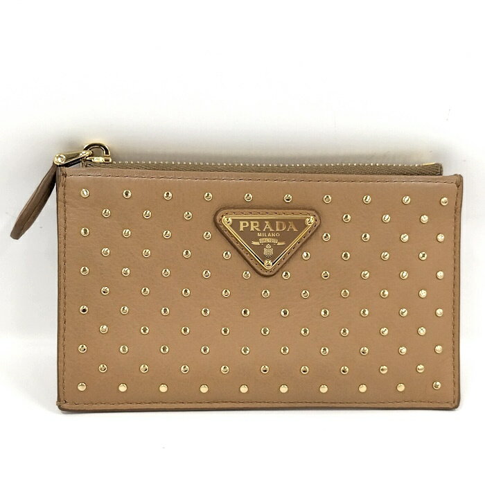 【中古】PRADA フラグメントケース カードケース スタッズ レザー ブラウン 1MC086