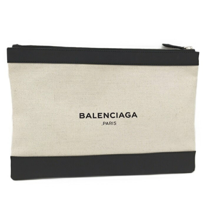 【中古】BALENCIAGA クラッチバッグ ネイビークリップM ベージュ ブラック キャンバス レザー 373834