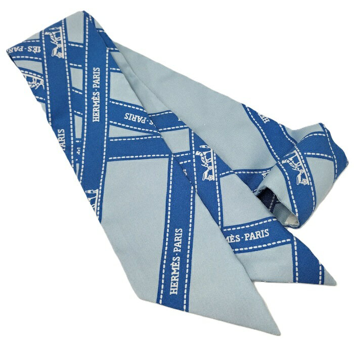 【中古】HERMES ツイリースカーフ エルメス リボンモチーフ ブルー系 シルク100%