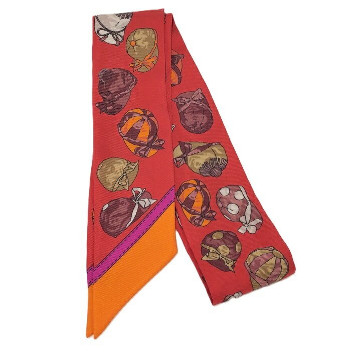 【中古】HERMES ツイリースカーフ ジョッキー帽 馬術用帽子 モチーフ レッド系 マルチカラー シルク100%