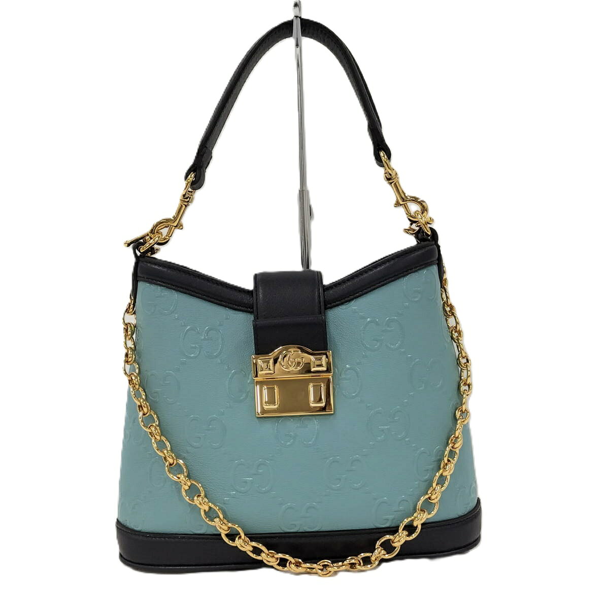 Rakuten - 【中古】GUCCI 2WAYチェーンショルダーバッグ GGアイコン エンボス レザー ブルー系 675788