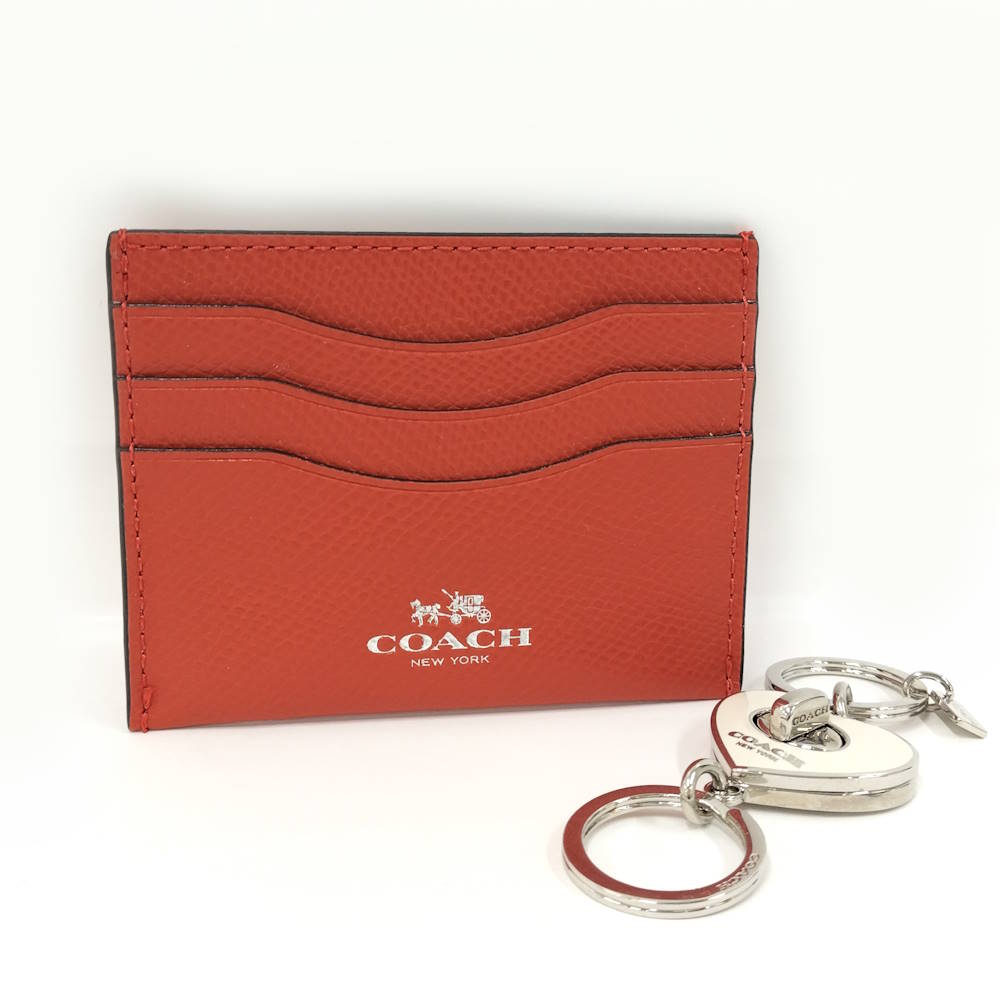 【中古】COACH カードケース キーリング セット レザー メタル レッド系 シルバー ホワイト系 CH145