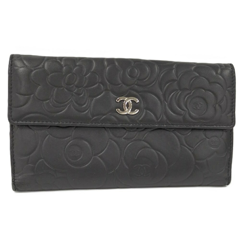 乐天商城 - 【中古】CHANEL カメリア 二つ折り 長財布 レザー ブラック