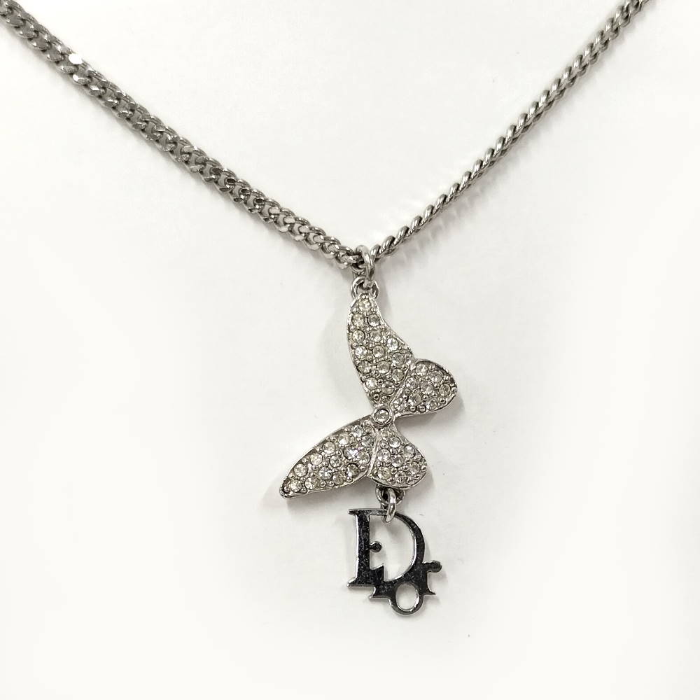 【中古】Christian Dior バタフライ ネックレス ロゴ ラインストーン メッキ シルバー