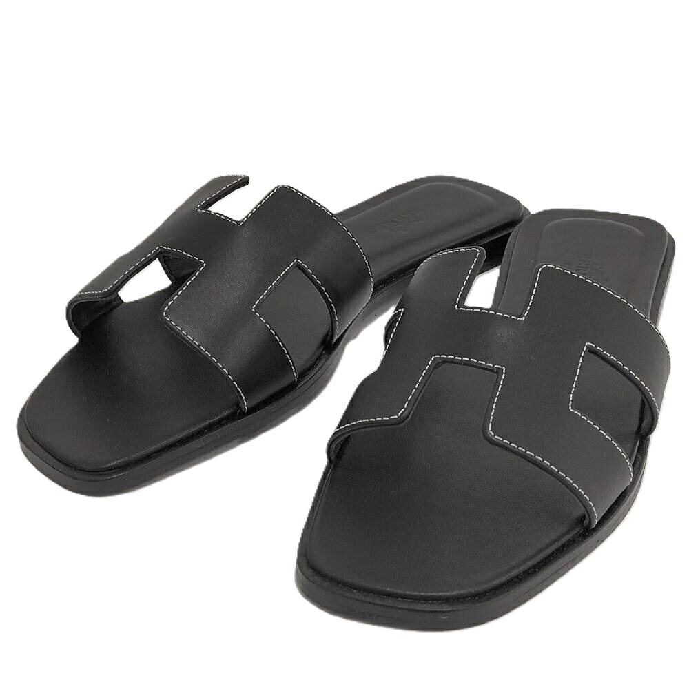 【中古】HERMES エルメス オラン サンダル レザー ブラック