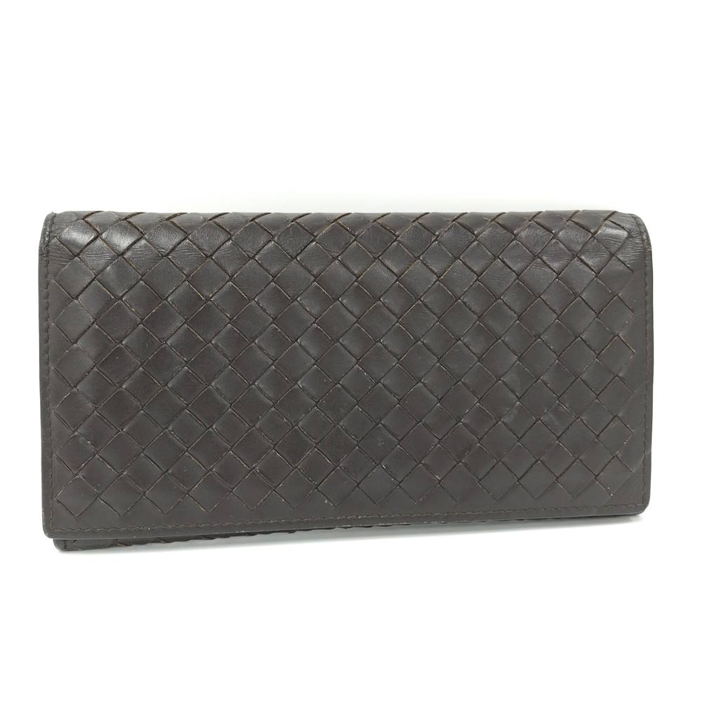 【中古】BOTTEGA VENETA 二つ折り長財布 イントレチャート レザー ダークブラウン