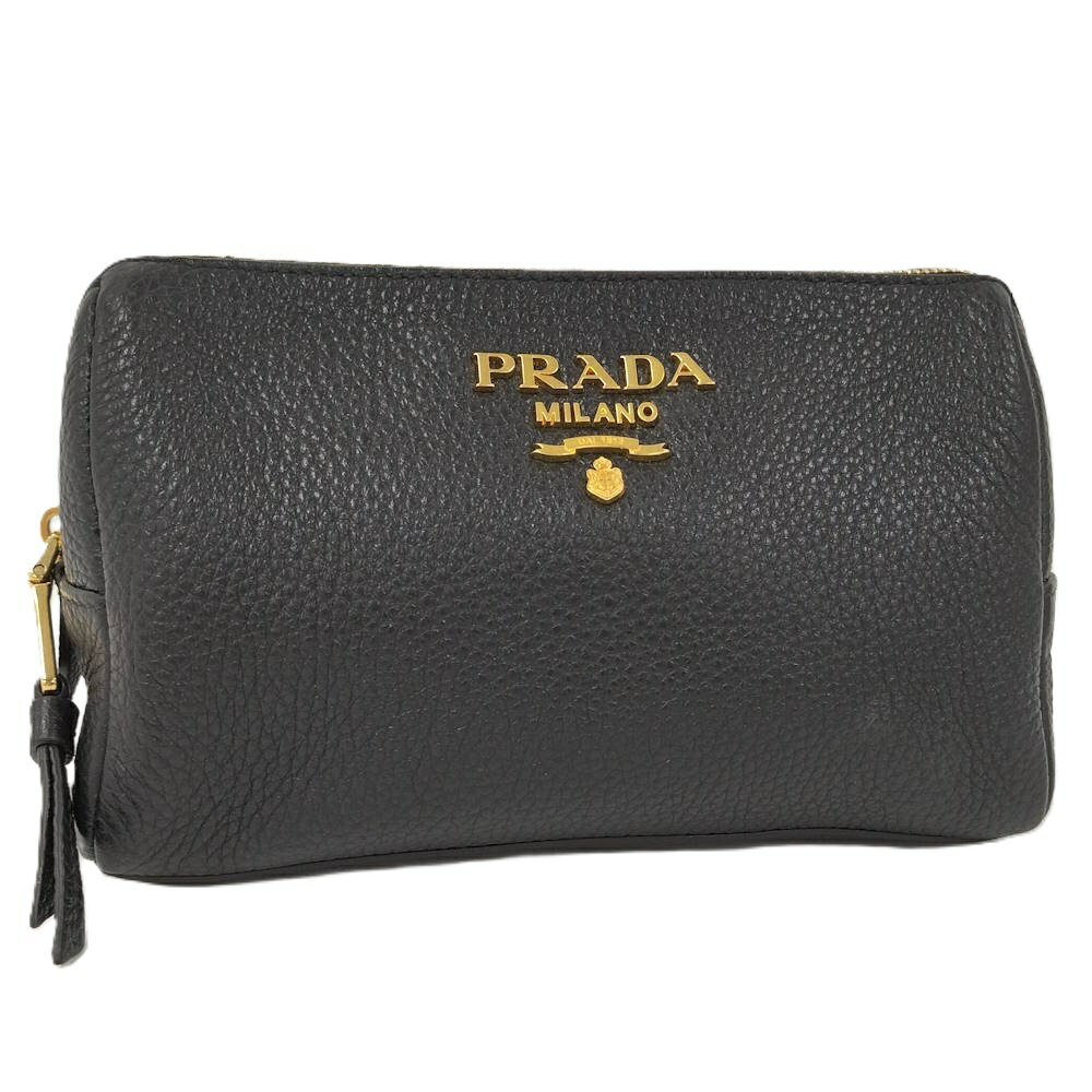 乐天商城 - 【中古】PRADA VITELLO DAINO レザーポーチ ネロ 1ND004