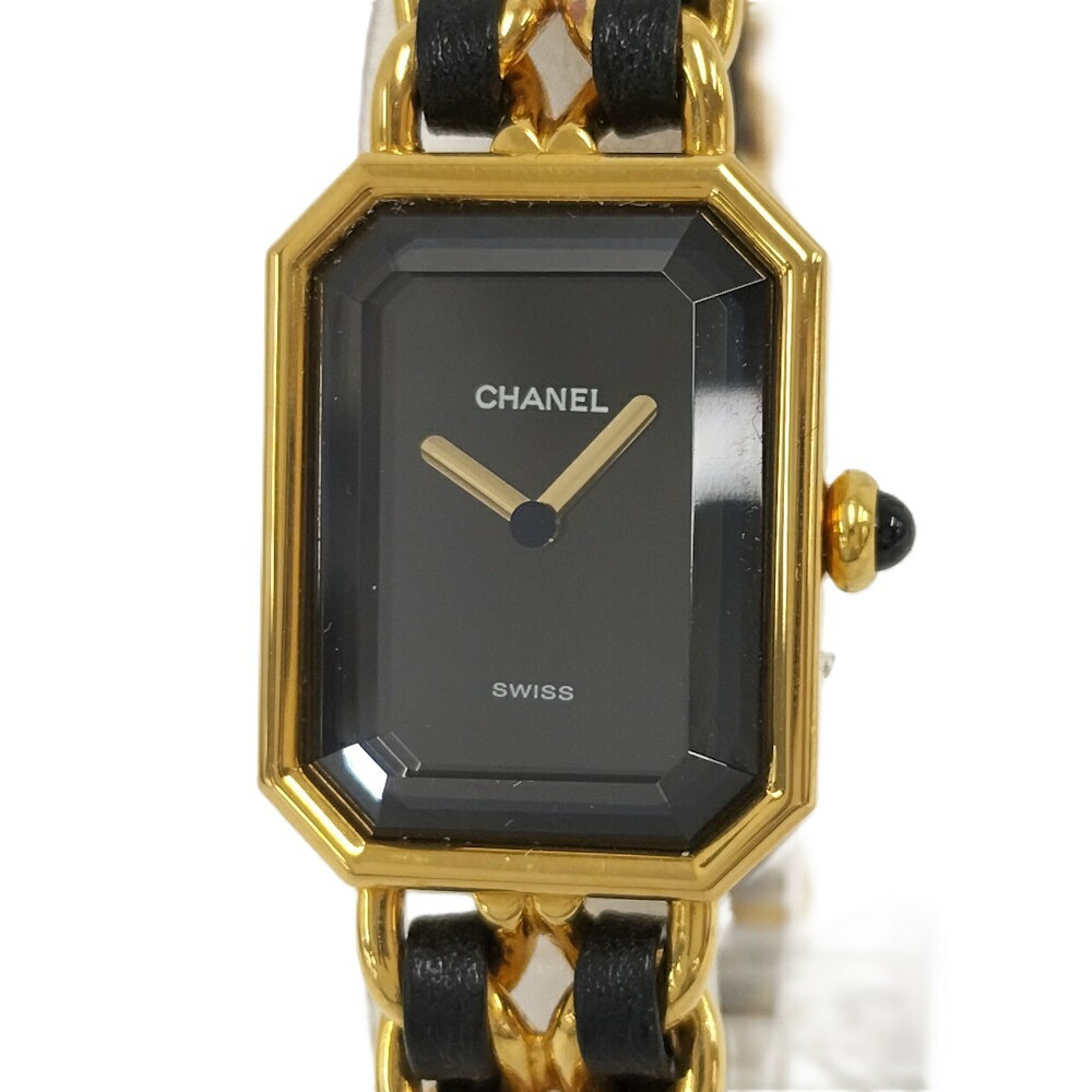 Rakuten - 【中古】CHANEL 腕時計 プルミエール Mサイズ GP×レザーチェーンベルト クオーツ ブラック文字盤 H0001