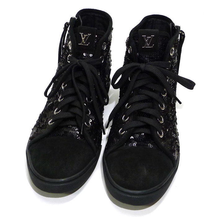 【中古】【ポイント5倍】LOUIS VUITTON ハイカット スパンコール スニーカー スエード ブラック レディース 表記サイズ 38