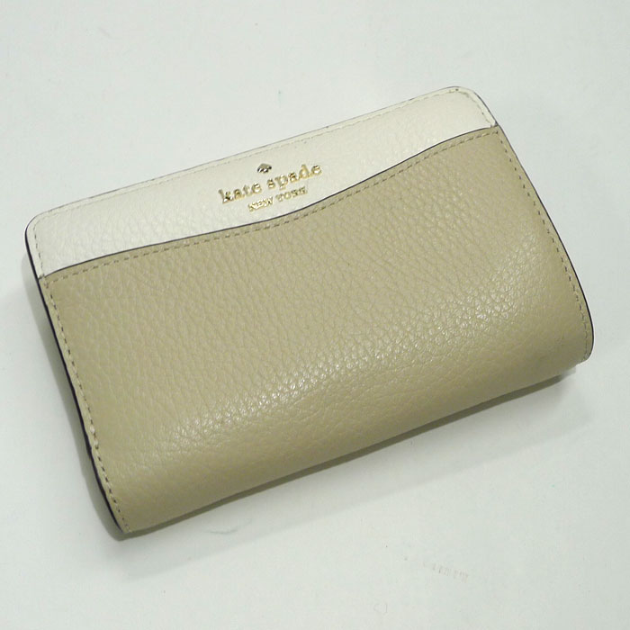 【中古】kate spade ステイシー カラーブロック ミディアム ウォレット コンパクト財布 レザー ベージュ ホワイト WLR00124
