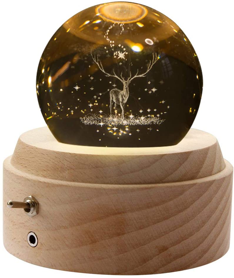 オルゴール プレゼント 子供 ナイトライト LED投影ライト ベッドサイドランプ 懐中電灯 USB充電式 回転 かわいい ベッドサイド 水晶球 3D クリスタルボール 誕生日 ギフト(鹿 タンポポ クローバー 宇宙 月) 送料無料