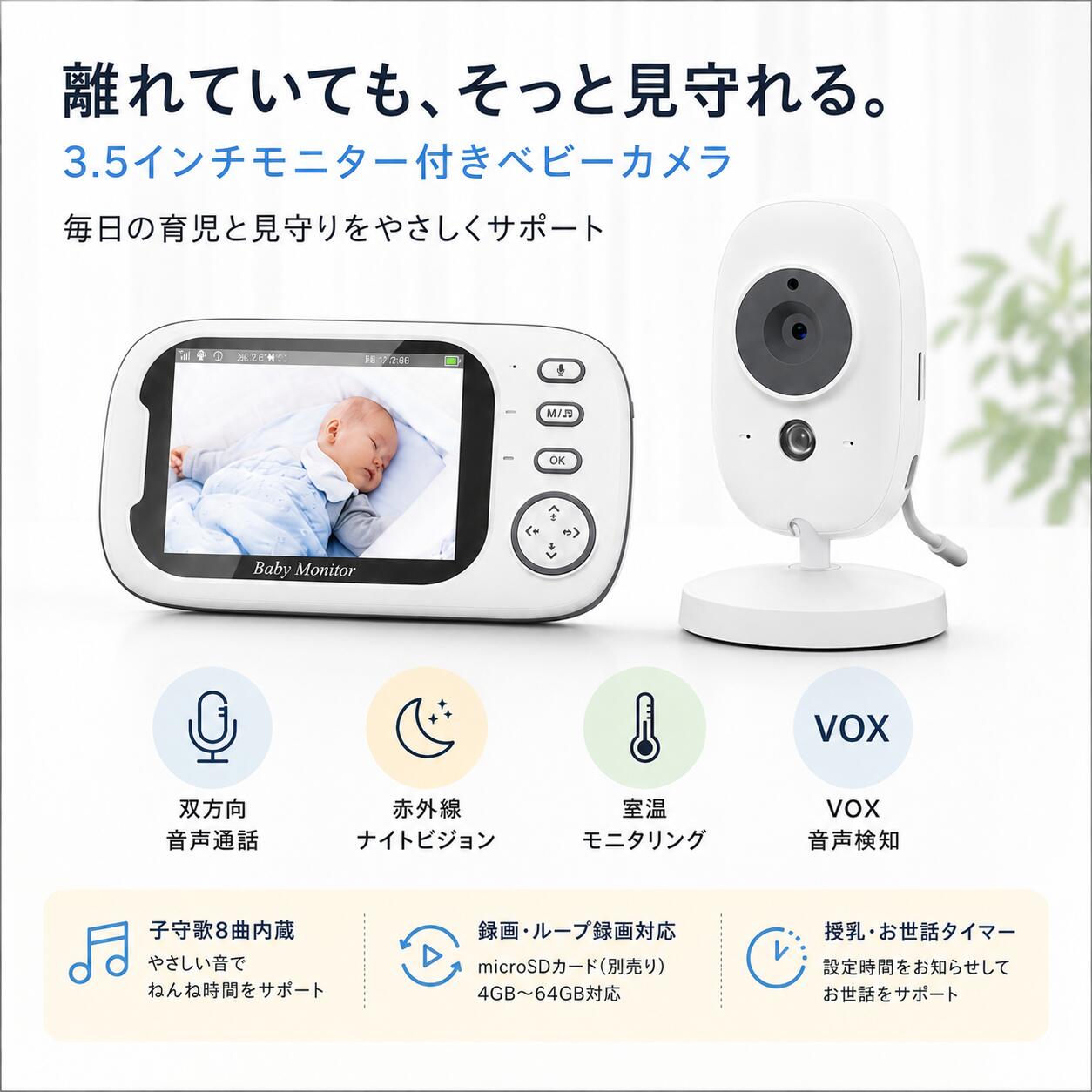 ベビーモニター 3.5インチ 専用モニター付き ベビーカメラ 双方向音声 赤外線ナイ...