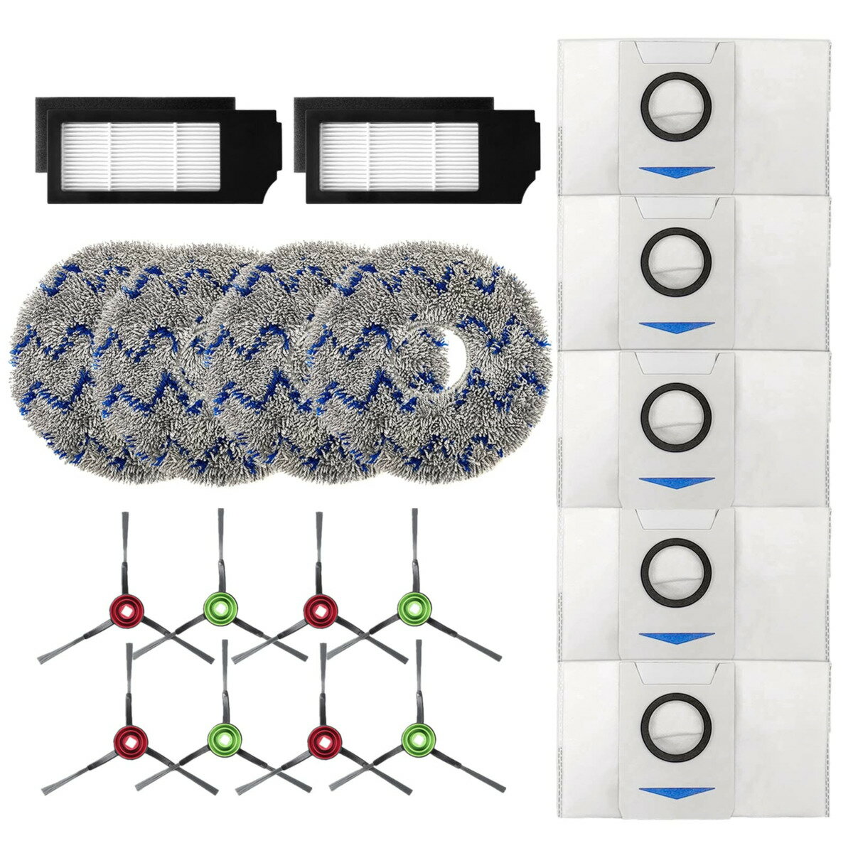 エコバックス DEEBOT X1 Omni / X1TURBO / X1 Plus ECOVACS 交換アクセサリーキット 掃除機 ロボット掃除機 ダストバッグ5枚、モップパッド4枚、フィルター2個、サイドブラシ4ペア（19点セット） 互換品 消耗品 汎用品 1