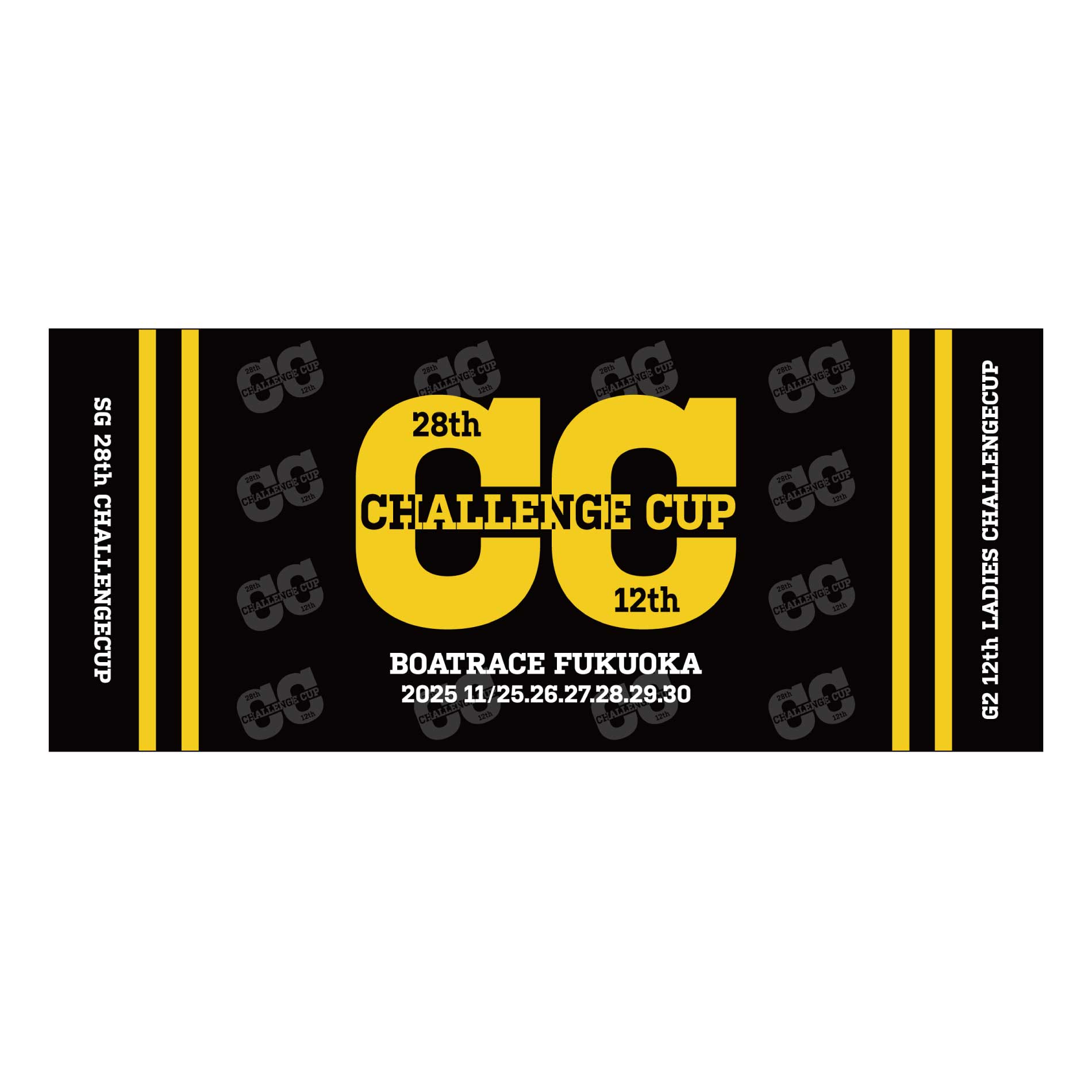 SG第28回チャレンジカップ／G2第12回レディースチャレンジカップ記念フェイスタオル｜ボートレース福岡　タオル　プリント　ロゴ　総柄　カジュアル　ブラック　イエロー　黒　黄色　JLC　ボートレース　グッズのサムネイル