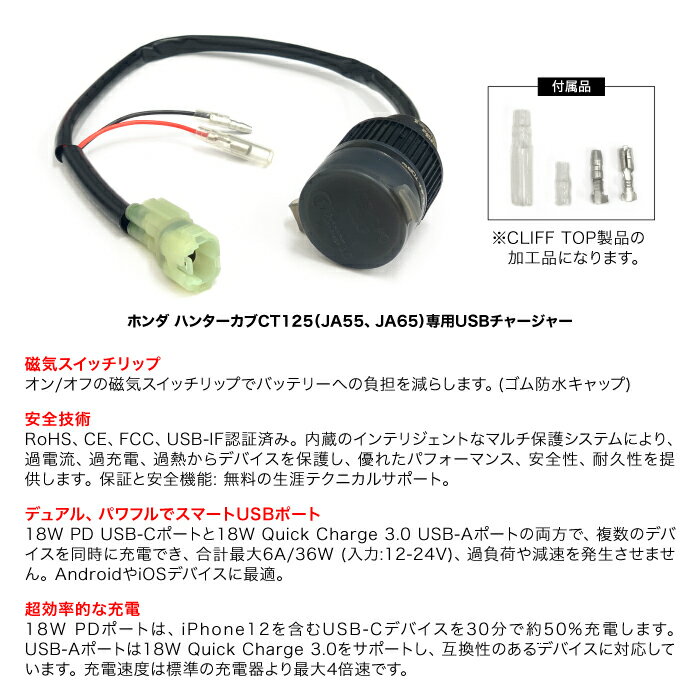 ホンダ ハンターカブCT125 JA55,JA65用 USBチャージャー PD USB type-C & USB QC3.0 type-A MOTOLINE 3