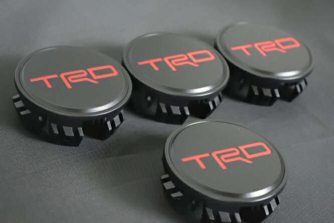 【現行型トヨタ ヴェルファイア】レッド「TRD」ロゴ入り アルミホイール用センターキャップ 4輪分セット 海外仕様純正部品