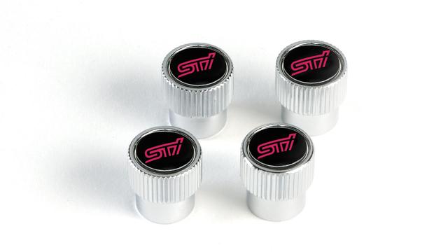 【SJ系スバル フォレスター】「STi」ロゴ入り バルブステムキャップ 4輪分セット 海外仕様純正アクセサリー