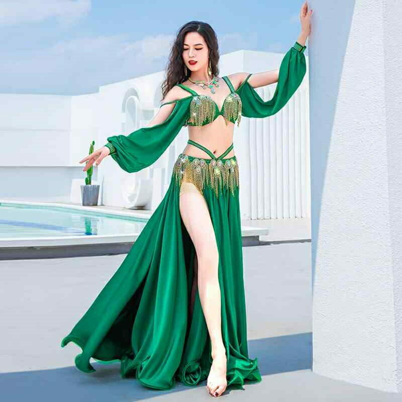 ベリーダンス パフォーマンス 服 サテン タッセル スイング スカート ブラトップ グループ パフォーマンス 服 セット