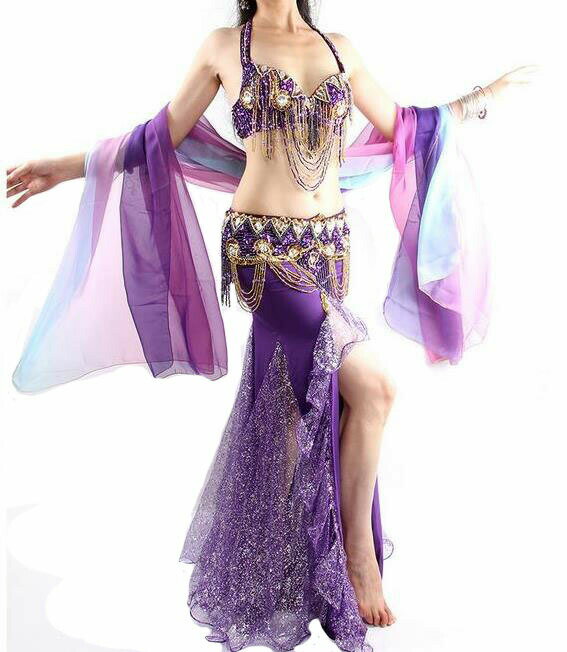 4色/上下セット+ 腰巻き/3点セット/ベリーダンス衣装/ フリンジ /スパンコール クラーデション/コスチューム / レディース/ 社交ダンス/ダンス服 /ス...