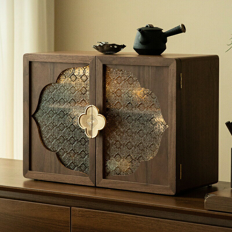 天然木&ガラス 収納棚 窓付き 棚 扉付き フローラガラス 海棠花 キッチン 食器収納 収納ケース 木箱 ウ..