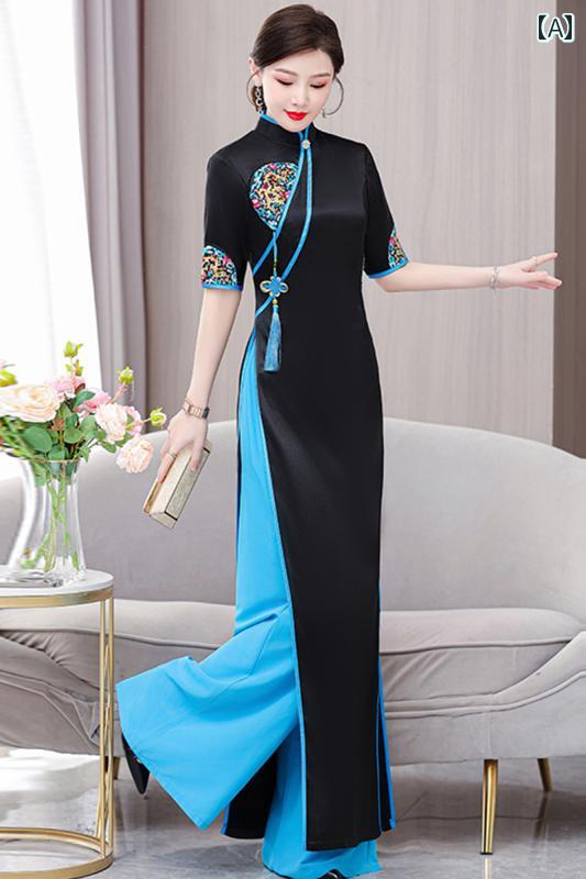 アオザイ 衣装 レディース 上品 セットアップ チャイナ風 刺繍 ベトナム パンツ セット ステージ パフ..