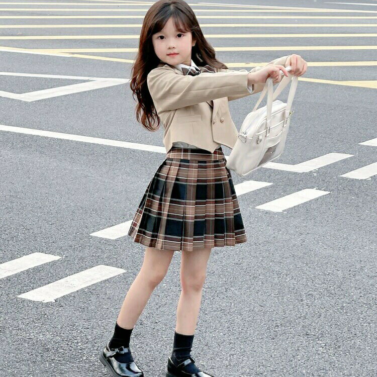 卒業式 スーツ フォーマルスーツ 女の子 4点セット 小学生 キッズ スカートセット フォーマル セットアップ なんちゃって制服 入学式 スーツ 中学生 ブレザー シャツ リボン チェック柄 ピアノ発表会 小学校 学園祭 七五三 入園式 卒園式 子供服 90～160cm