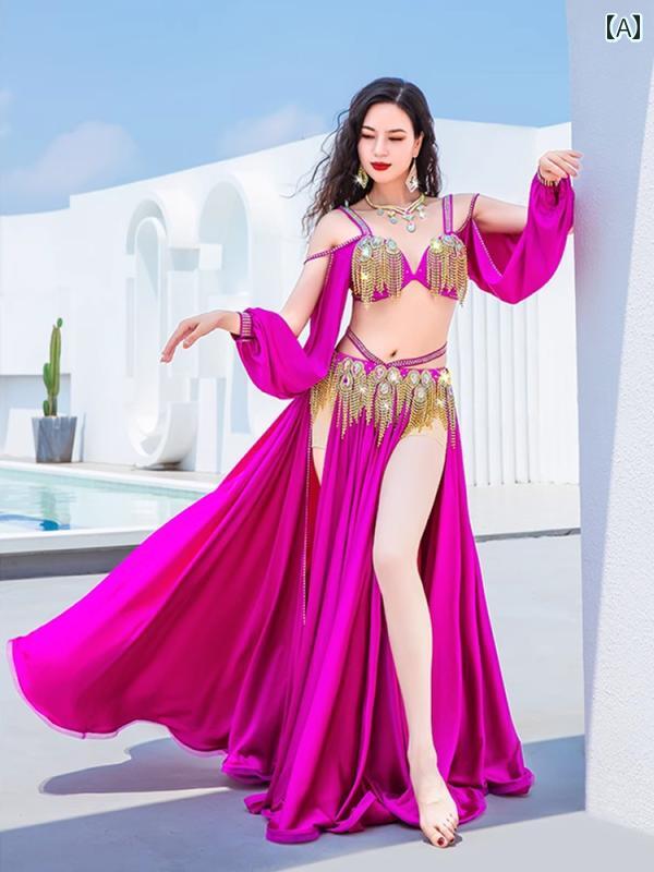 ベリーダンス パフォーマンス 服 サテン タッセル スイング スカート ブラトップ グループ パフォーマンス 服 セット