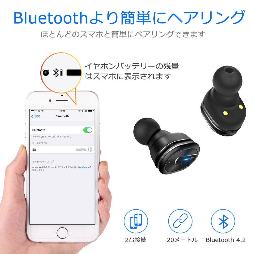 イヤホン 超軽量 Bluetooth ワイヤレスイヤホン マイク内蔵 高音質 左右分離型 片耳 両耳 兼用 充電式収納ケース iPhone X iPhone8 iPhone 8 Plus iPhone7 Xperia XZ2 大容量バッテリー ブルートゥース ワイヤレス マイク イヤフォン iPhone Android 対応