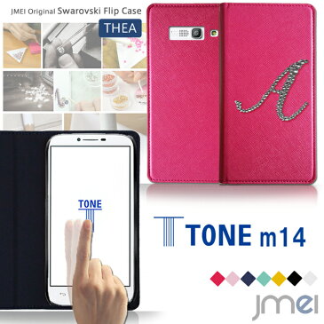 【TONE m14 ケース】JMEIイニシャルスワロフスキーフリップケース THEA【トーンモバイル 手帳型 スマホケース スマホ カバー TSUTAYA スマートフォン 携帯 革 手帳】