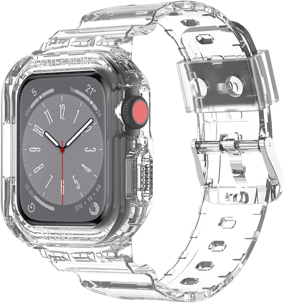 Apple Watch ultra 保護ケース付き 一体式 透明 軽量 TPU素材 耐衝撃 44mm/45mm アップルウォッチ 交換ベルト Apple Watch Series 8/7/6/SE/5/4対応 iWatch バンド Apple Watch用アクセサリ（44mm/45mm,クリア）