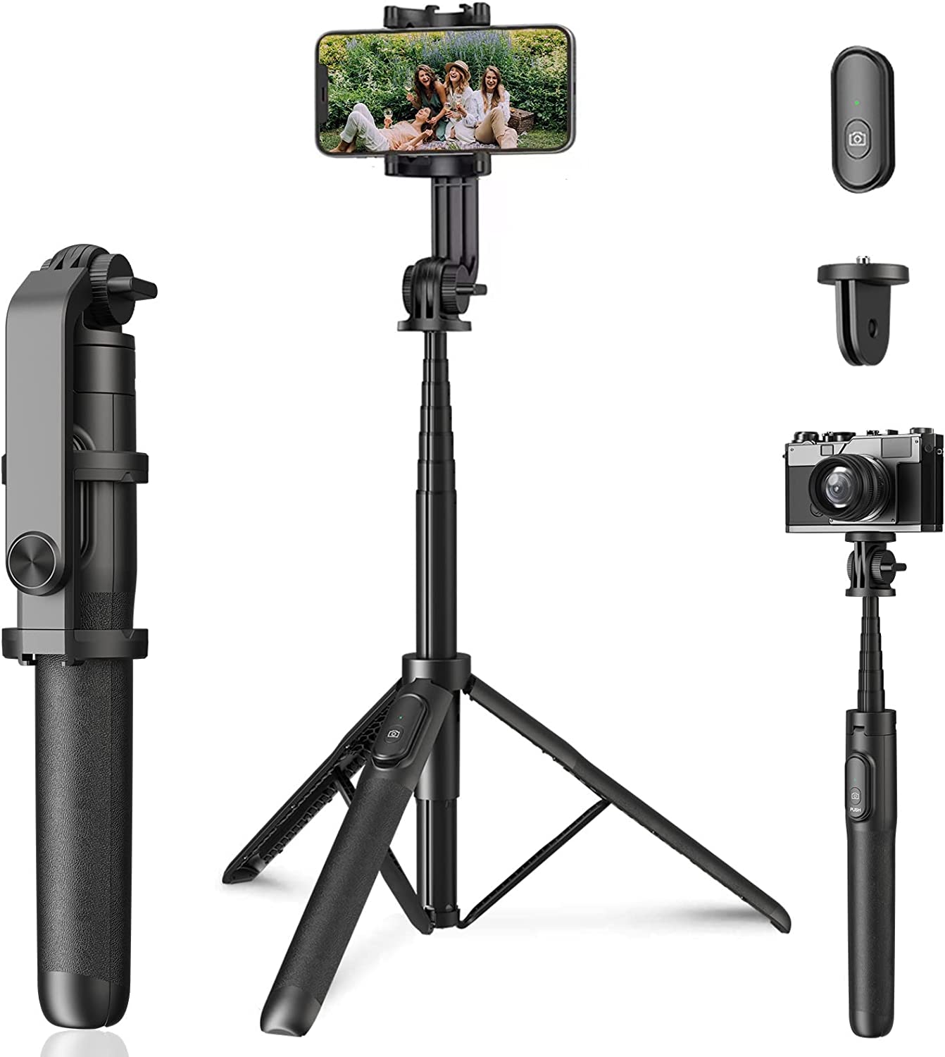 三脚 自撮りライト 自撮り棒 三脚 軽量スマホ スタンド Bluetoothリモコン付きアルミニウム合金ブラケット スタンド 長さ調節可能 (160cm）