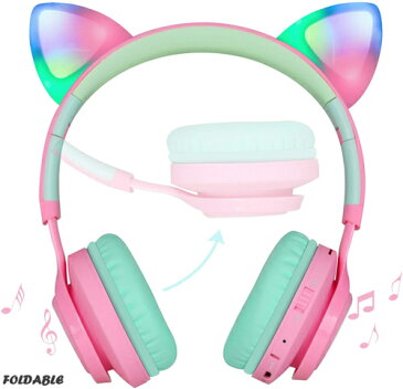 キッズヘッドホン ワイヤレス 猫耳 ヘッドホン Bluetooth 5.0 マイク内蔵 LED付き バンド調節可能 折り畳み可能 子供用イヤホン 高音質 コンパクト 軽量 旅行 移動時間 カラオケマイク 知育学習 音楽 映画 語学勉強 子供 クリスマスプレゼント 誕生日