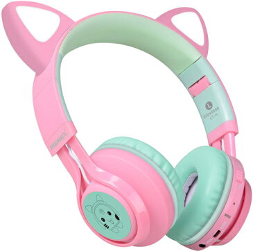キッズヘッドホン ワイヤレス 猫耳 ヘッドホン Bluetooth 5.0 マイク内蔵 LED付き バンド調節可能 折り畳み可能 子供用イヤホン 高音質 コンパクト 軽量 旅行 移動時間 カラオケマイク 知育学習 音楽 映画 語学勉強 子供 クリスマスプレゼント 誕生日