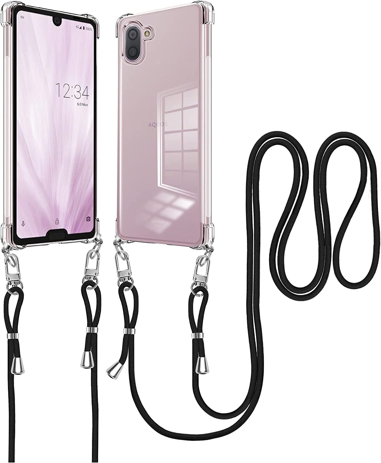 AQUOS R2 ケース クリア ストラップ付き TPU 長さ調整可能 肩掛け 斜めかけ SH-03K SHV42 アクオスフォン カバー 耐衝撃 かわいい アクオスr2 手帳型ケース 薄型 軽量 docomo スマホカバー スマホケース おしゃれ au スマートフォン