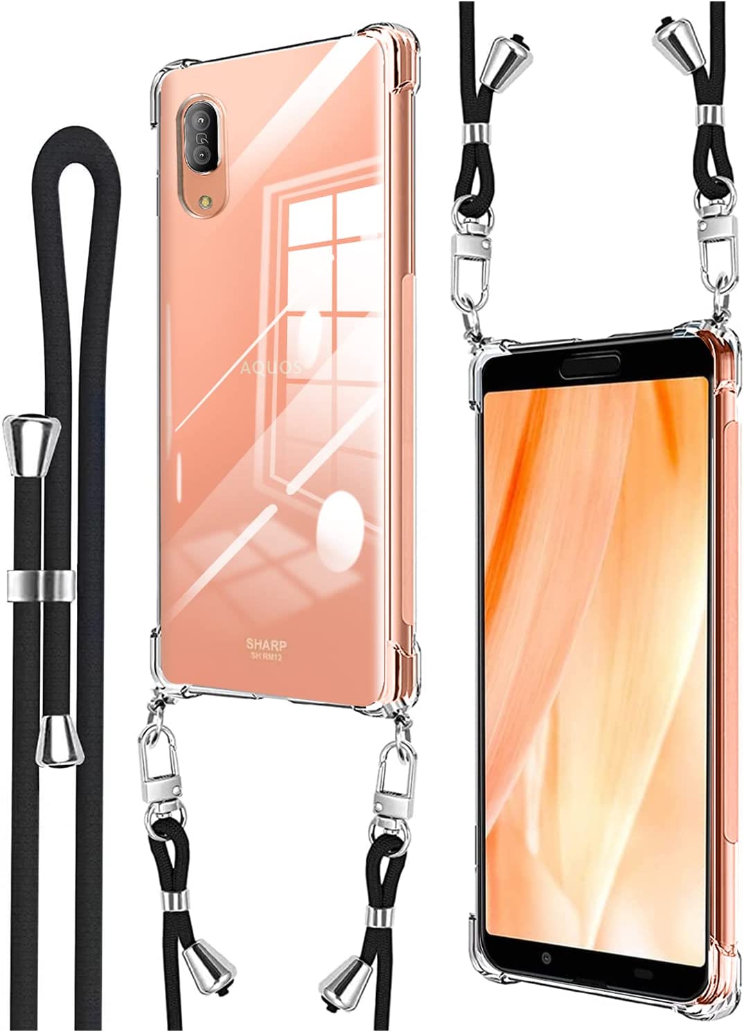 AQUOS sense3 ケース ショルダー 紐付き TPU クリア 透明 ワイヤレス充電対応 斜めかけ 背面保護 AQUOS sense3 lite ケース衝撃吸収 四隅保護 スマホケース アクオスセンス 3 ケース カメラ保護 着脱簡単 スマホカバー スマートフォン