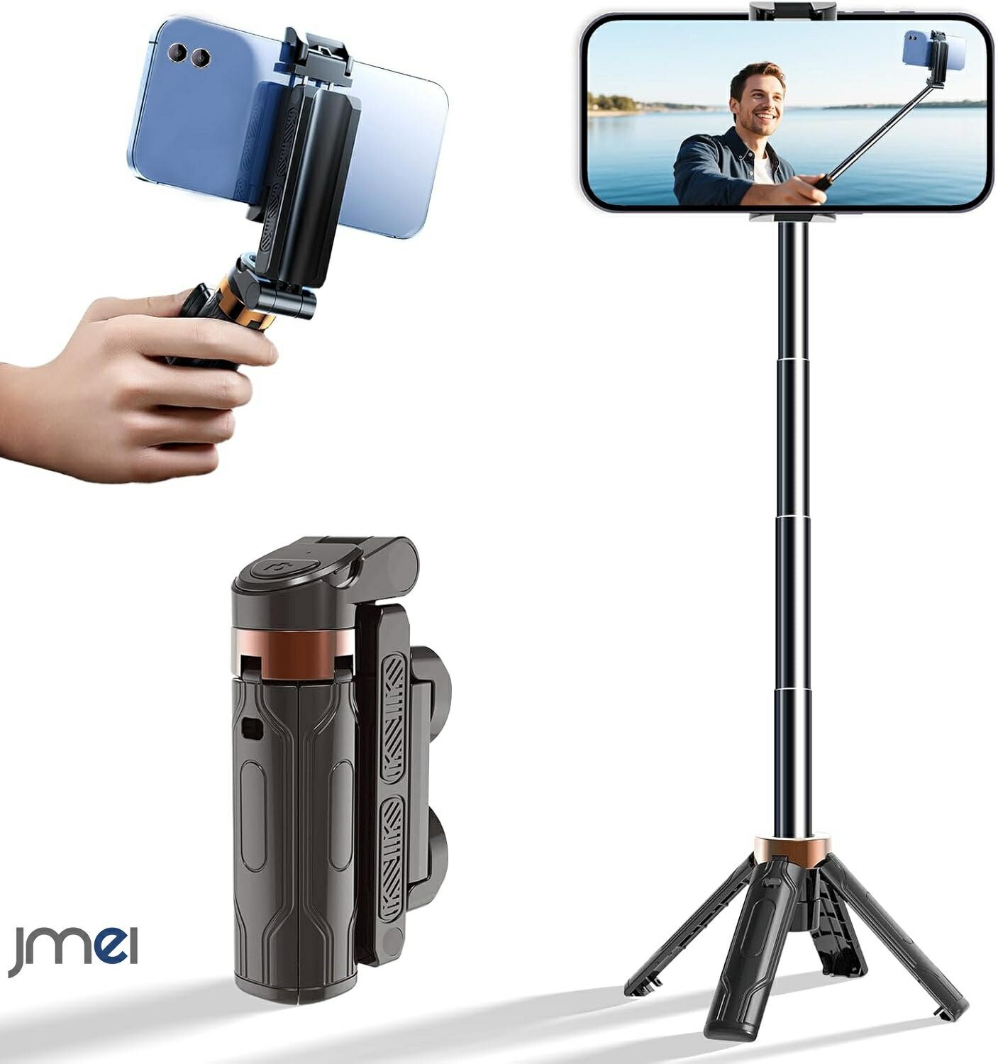 ⇒自撮り棒関連商品一覧はコチラ ⇒三脚商品一覧はコチラ ⇒スタビライザー一覧はコチラ ⇒他の機種をお探しの方はコチラ 【超コンパクト＆軽量設計｜持ち運びラクラク】 「セルフィースティックがバッグを占める…」というお悩みを解消。 折りたたみ時はわずか11cmの超小型サイズで、ポケットや小さなバッグにもすっきり収納可能。 最大40cmまで伸長できるため、一人撮影はもちろん、グループ写真や広い背景の撮影にも最適です。 わずか107gの軽さはスマートフォンよりも軽く、長時間の持ち運びや撮影でも手首の負担を軽減。 旅行やお出かけ先でのフォトタイムを快適にサポートします。 【四脚機能搭載｜安定感抜群の撮影体験】 従来の三脚では不安定…そんな悩みを解決する四脚設計。 ワンタッチ操作で瞬時に四脚モードへ変形し、より安定した撮影環境を実現します。 底部には滑り止めシリコン素材を採用し、テーブル上はもちろん、草むらや砂浜などの不安定な場所でもしっかり固定。 旅行先での動画撮影、カフェでのライブ配信、公園での家族写真など、さまざまなシーンで活躍します。 ブレのない美しい写真・映像を、いつでもどこでも簡単に撮影できます。 【プロのような手持ち操作感】 人間工学に基づいたエルゴノミックデザインを採用。 握りやすく、長時間の自撮りやVlog撮影でも疲れにくい設計です。 わずか107gの軽量ボディが、旅行や配信などあらゆる撮影シーンを快適にサポートします。 【自在なアングル調整｜225°×360°回転】 縦225°×横360°の回転構造を搭載。 ワンタッチで上下・左右を自在に動かせるため、低い位置からのアクションショットや高角度からの撮影も思いのまま。 Vlog撮影では顔と背景のバランスを微調整でき、ライブ配信では縦・横の切り替えもスムーズに行えます。 【幅広い互換性｜多機種対応】 スマホホルダーの挟み幅は約6～9cmで、4～7インチのスマートフォン（iPhone／Android）に対応。 写真撮影はもちろん、動画撮影・Vlog・映画鑑賞などにも便利です。 運動会、発表会、音楽祭、花火大会、日常の記録など、あらゆるシーンで活躍します。 ⇒自撮り棒商品一覧はコチラ ⇒タブレットPC本体 商品一覧はコチラ ⇒空気伝導イヤホン商品一覧はコチラ ⇒骨伝導イヤホン商品一覧はコチラ ⇒イヤホン商品一覧はコチラ ⇒ストラップ 商品一覧はコチラ ⇒Magsafe ACC商品一覧はコチラ ⇒USB加湿器 商品一覧はコチラ ⇒車載用アクセサリー 一覧はコチラ ⇒キッズスマートウォッチ 商品一覧はコチラ ⇒キッズタブレット 商品一覧はコチラ ⇒スマートウォッチ本体一覧はコチラ ⇒イヤホン商品一覧はコチラ ⇒プロジェクター商品一覧はコチラ ⇒モバイルモニター商品一覧はコチラ ⇒apple watchバンド一覧はコチラ ⇒AirTag 一覧はコチラ ⇒ストラップ 商品一覧はコチラ ⇒充電器・チャージャー商品一覧はコチラ ⇒自転車/バイク用スマホホルダーはコチラ ⇒ヘッドレストモニター 一覧はコチラセルカ棒 三脚 自撮り棒 じどり棒 B0F6TYT1VM 軽量 スマホ 三脚 スマホスタンド 自撮り棒 軽量型 セルカ棒 三脚 スマホ スタンド カメラ アクションカメラ 三脚 無線 iPhone Android対応 三脚 一脚兼用 7段階伸縮 折りたたみみ セルフィー 海外旅行 jmei スマホケース