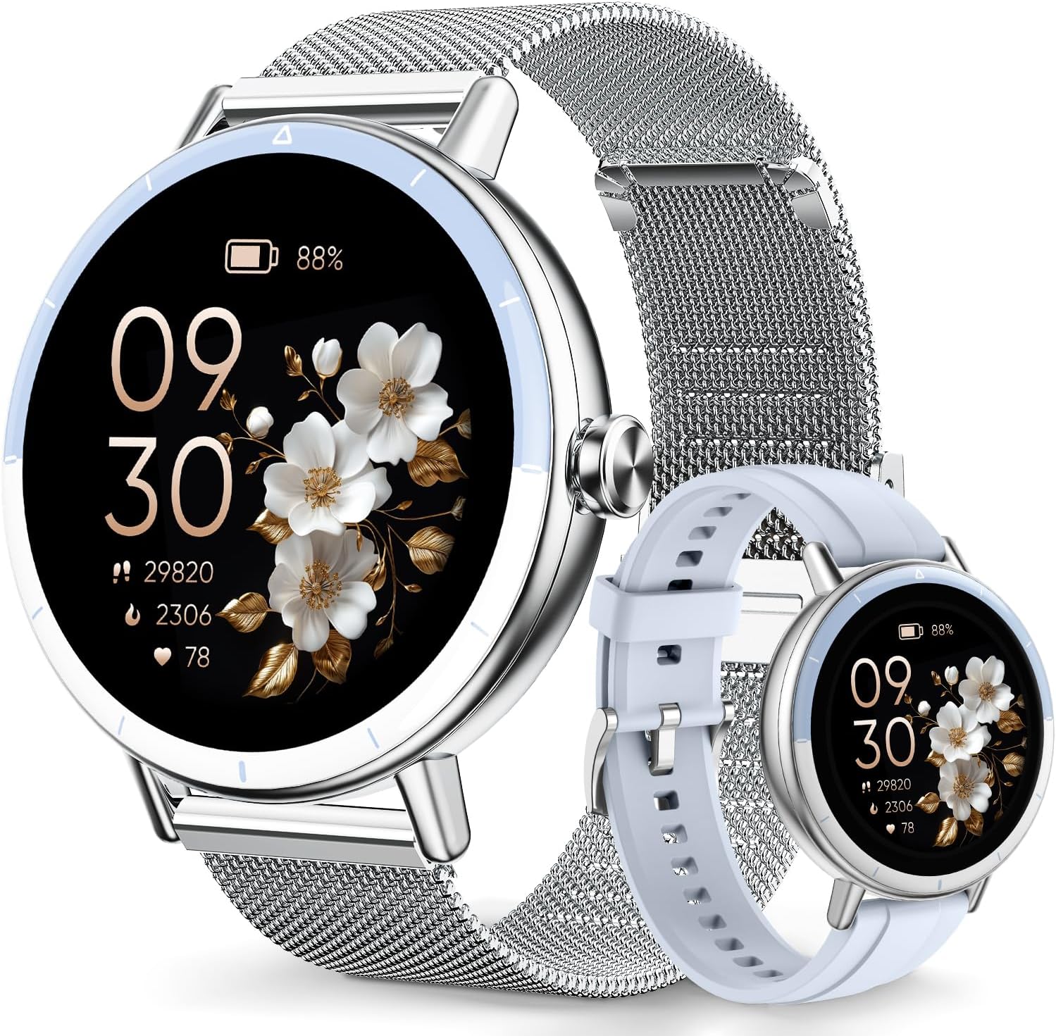 スマートウォッチ レディース 丸型 1.27インチ画面 Bluetooth5.3 通話機能 着信通知 iPhone アンドロイド対応 29g軽量 IP68防水100種類運動モード 文字盤カスタム 睡眠 振動 輝度調整 天気予報 アラーム 音楽制御 腕時計 付属ベルト 2本