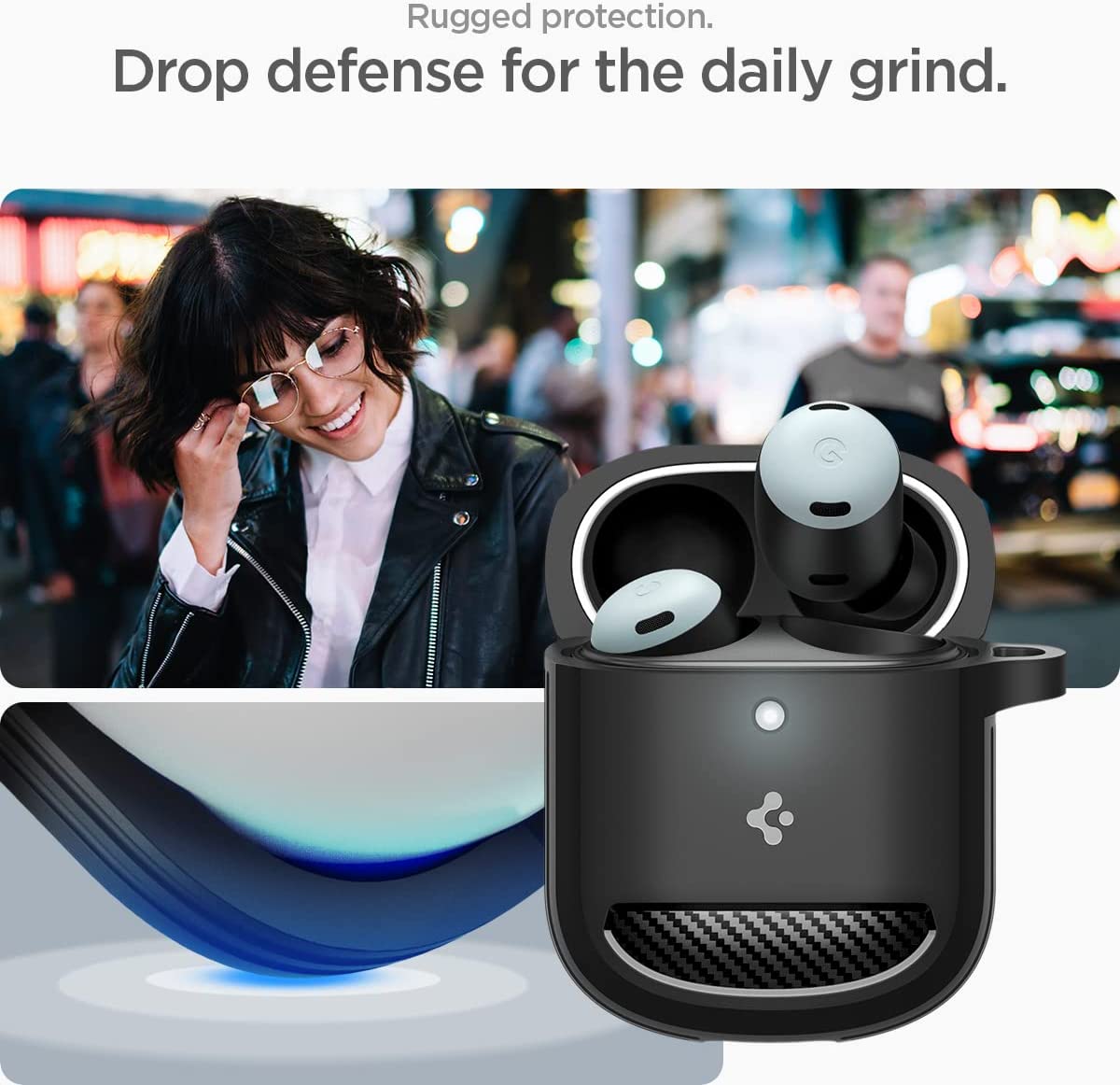 Google Pixel Buds Pro ケース 耐衝撃 ラギッド・アーマー シュピゲン PC TPU 二重構造 ワイヤレス充電 対応 カラビナ リング付き グーグル ピクセル カバー 軽量 キズ防止 衝撃 吸収 シンプル