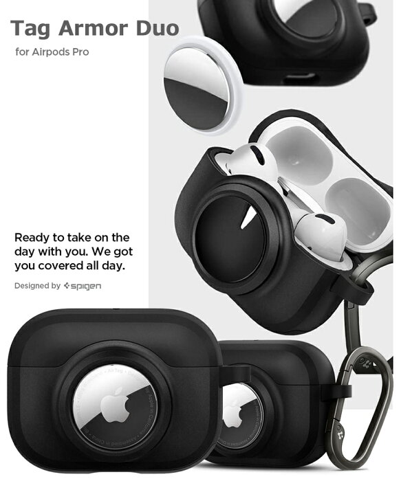 Airpods3 ケース AirTag 装着可能 2021 Airpods Proケース シュピゲン タグアーマー デュオ カラビナ リング 付き 落下防止 耐衝撃 ワイヤレス充電対応 二重構造 エアポッズ プロ ケース ワイヤレス充電対応 収納ケース Apple 落下保護 紛失防止