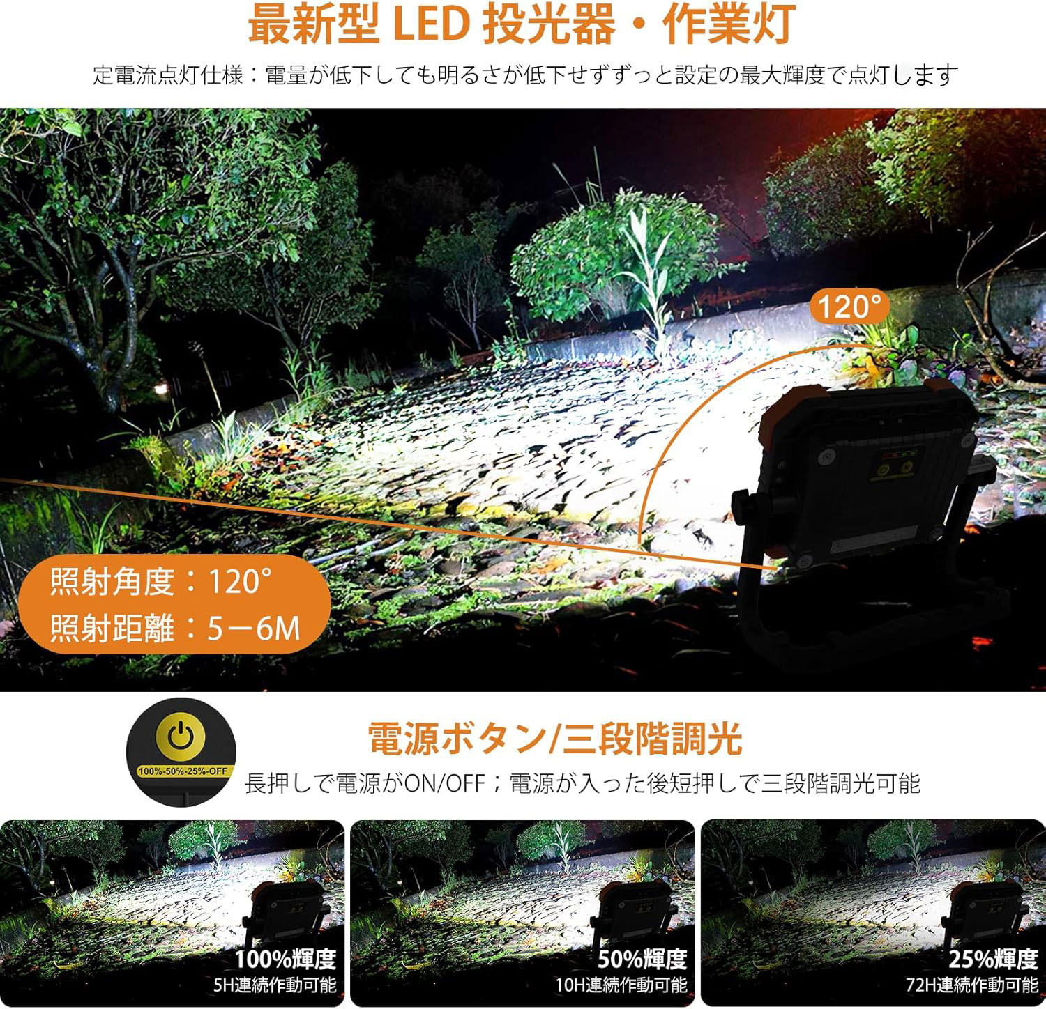投光器 led モバイルバッテリー 大容量 モバイルバッテリー ソーラー コンパクト 屋外 防水 充電式 超高輝度 USB充電式 震対策 夜間工事 6000LM 200W相当 IP66防水 昼白色 昼光色 電球色 SOS 30H連続照明 7.4V 7000mAhリチウム電池 AC充電器 PSE認証済み jmei3rd-10031617 JMEI 3rd サンプル画像2