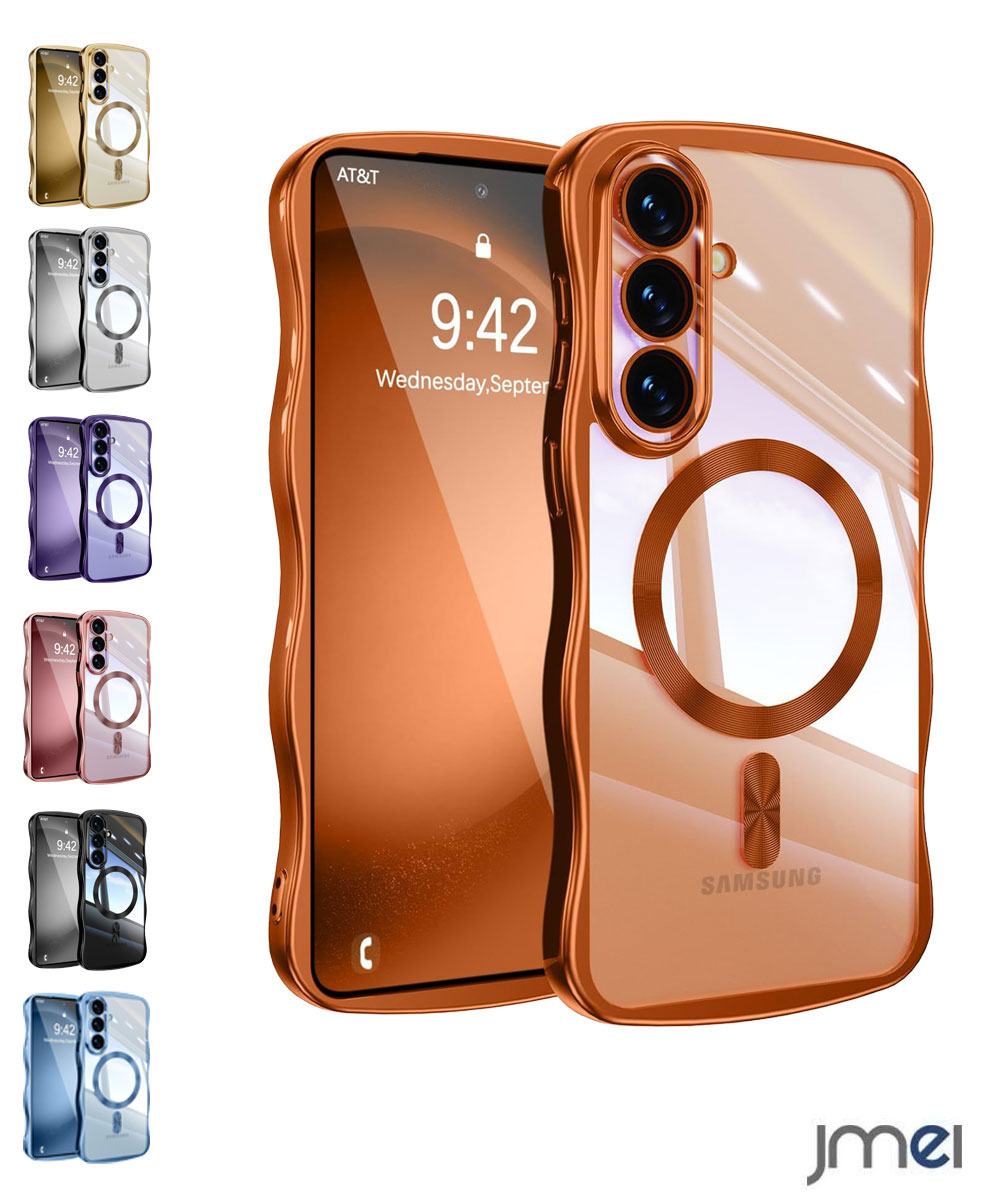 Galaxy S26 ケース MagSafe対応 メッキ 背面クリア なみなみ 透明 Galaxy S26 Ultra ケース レンズフィルム 保護カバー 波形 ウェーブ 高級TPU素材 ソフト 衝撃吸収 ストラップホール付き ギャラクシーS26 うねうね 携帯電話カバー