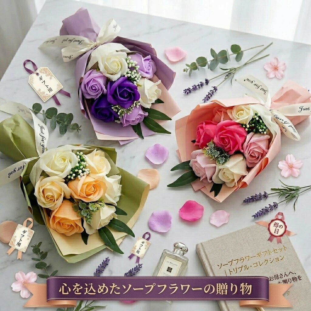 乐天商城 - 母の日 ギフト 2026 花　花束 母の日ギフト メッセージカード付き 石鹸花 薔薇 ブーケソープフラワー 超早割！枯れない花 シャボンフラワー ミニブーケ ボックス 卒業式 花 飾り ボックス 手提げ 50代 60代 70代 義母 お母さん おしゃれ 豪華 プレゼント シャボンフラワー
