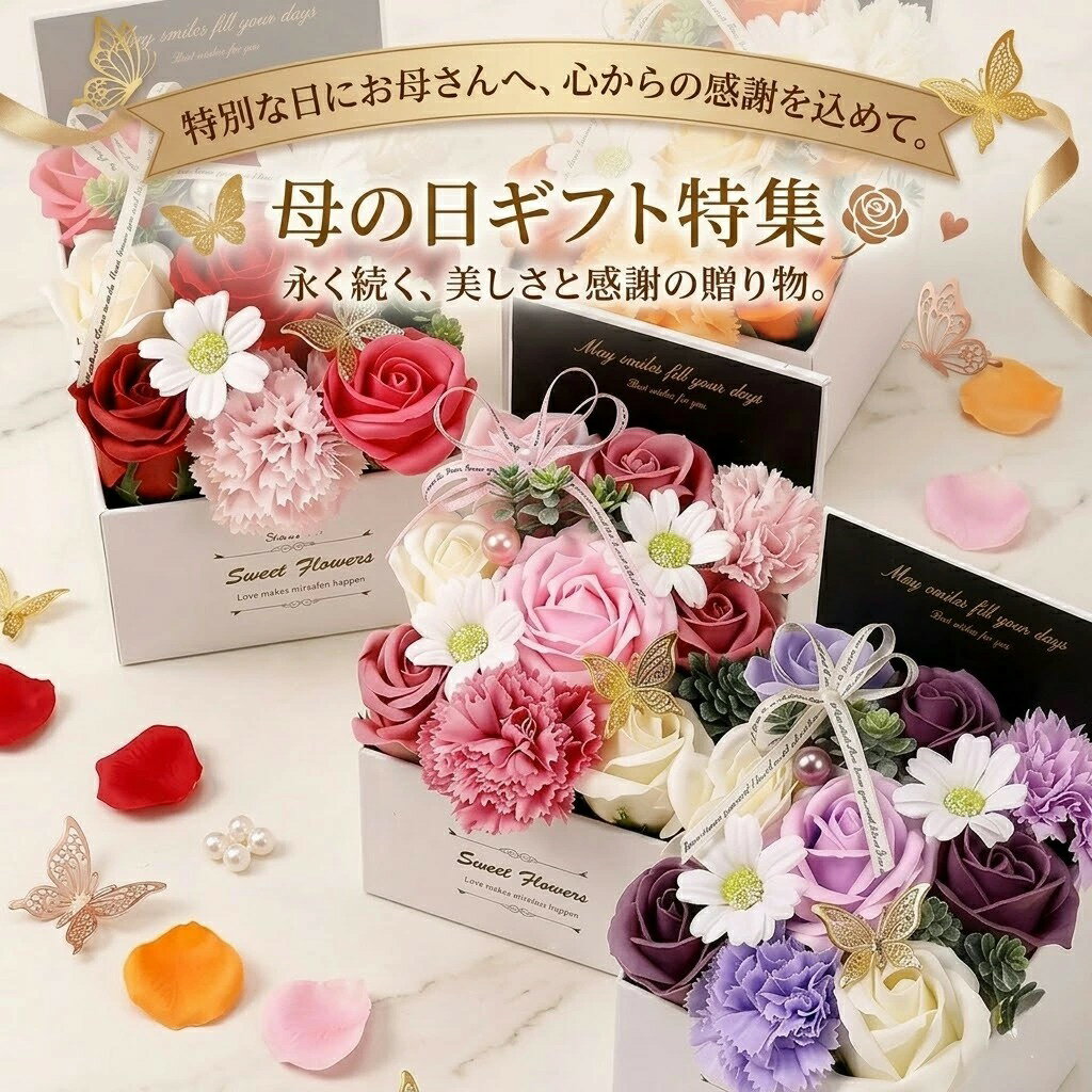 乐天商城 - 母の日 2026 ソープフラワー 超早割！花束 母の日ギフト 枯れない花 シャボンフラワー ボックス 50代 60代 70代 義母 お母さん プレゼント 卒業式 花 飾り ボックス 石鹸花 薔薇 ブーケ シャボンフラワー おしゃれ 豪華